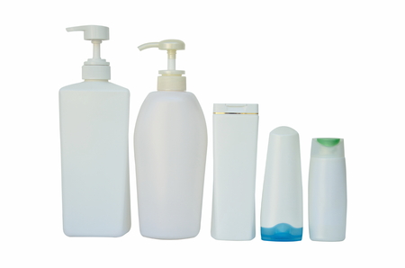 White containers and bottles isolated on white backgroundの写真素材