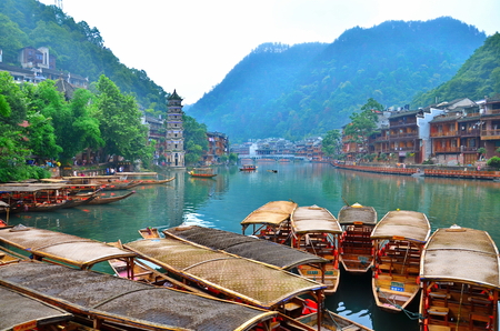 HUNAN, CHINA - JUNE 16, 2014 : Old houses in Fenghuang county in Hunan, China. The ancient town of Fenghuang was added to the UNESCO World Heritage Tentative List in the Cultural category.のeditorial素材