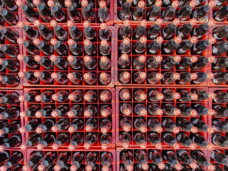 Chon Buri, Thailand - FEBRUARY 06, 2018 : Many soft drink bottle in a plastic crates for delivered to customers.のeditorial素材
