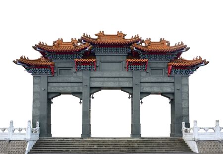 the traditional gray marble Chinese pavilion gate arch isolated on white background, clipping pathの写真素材