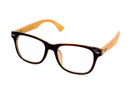 vintage dark brown wooden glasses isolated on white background