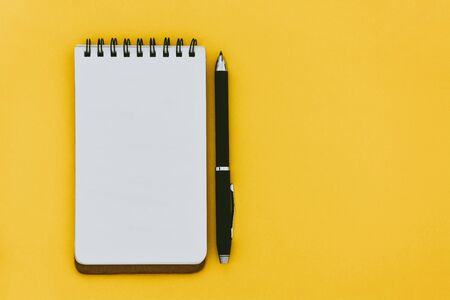 top view of empty open lined notebook and pen on yellow background with copy space, flat lay