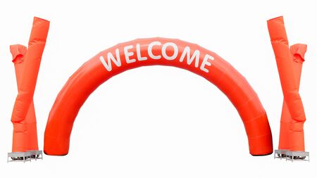 orange curve balloon with white text WELCOME and fan blowing balloons in advertising isolated on white backgroundの写真素材