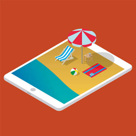 summer concept 3d isometric with tablet showing beach sceneのイラスト素材