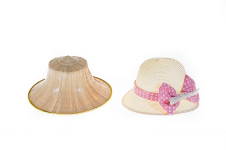 Thai Farmers Palm Hat With Pretty straw hat Isolated on white の写真素材