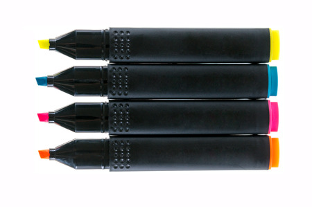 Multicolored highlighters arrange in a row. Isolated on white backgroundの写真素材