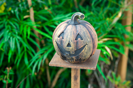 Halloween scary pumpkin with smile at outdoor sceneの写真素材