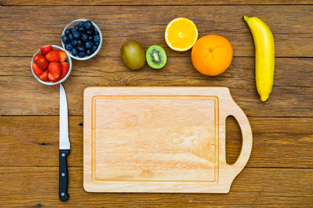 Fresh, Ripe, Various fruit, strawberry, blueberry, kiwi, orange, banana, space for textの写真素材