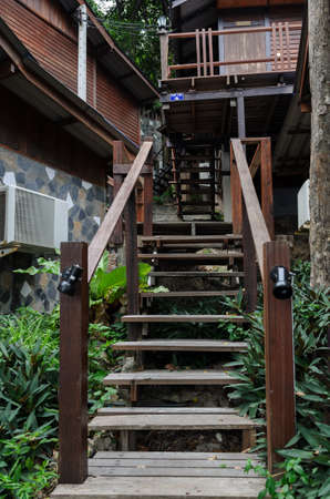 wooden upstair to the bungalow in the resort at samed island, Thailandのeditorial素材