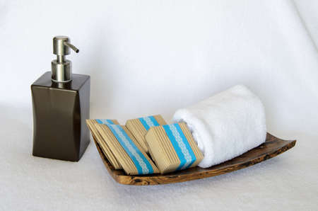 bathing set with towel on white backgroundの写真素材