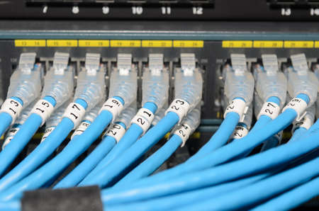 Many LAN cables with wiremark number connected to a switch の写真素材
