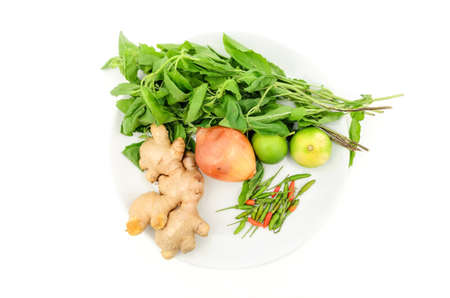Thai vegetables ingredient, ginger, chili, lemon, basilの写真素材
