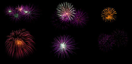 various kind of fireworks explosion on black の写真素材
