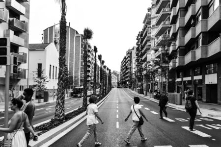 Spain Barcelona July 15, 2017. the streets are crowded with people, the historic district of the city for walking. monochrome.のeditorial素材
