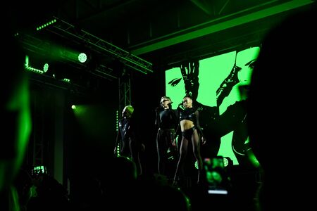 cheering crowd at a concert, show neon people sceneのeditorial素材