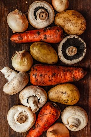 set of fresh village vegetables on the Board, banner background.の写真素材