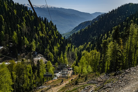 mountain woodland walking cable car in russia rosa khutorの写真素材