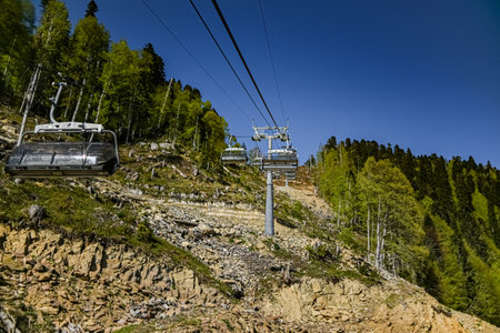 mountain woodland walking cable car in russia rosa khutorの写真素材