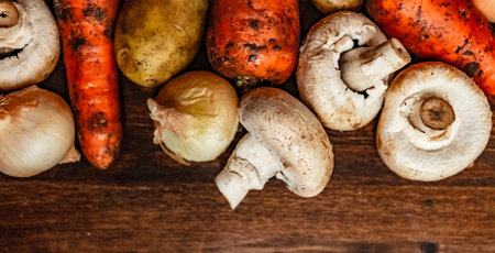 set of fresh village vegetables on the Board, banner backgroundの写真素材