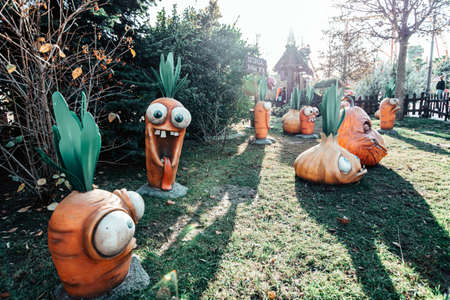 Halloween Animated Vegetables Pumpkin Onion with Eyes Carrot with Mouthの写真素材