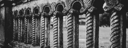 banner balustrade aged vintage balcony monochrome cemeteryの写真素材