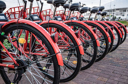 row of red bikes for bicycle sharingの写真素材