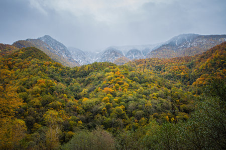 mountains of the north Caucasus autumn-winter time period. cloudy weather overcast. landscapeの写真素材