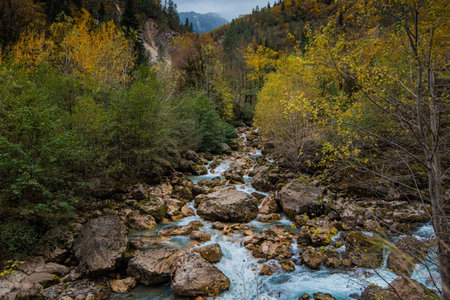 mountain river autumn-winter time period. cloudy weather overcast. landscapeの写真素材