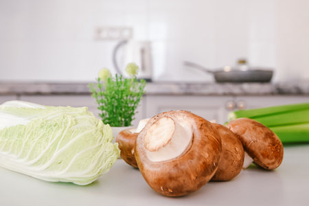 dietary set of products for breakfast. kitchen table mushrooms vegetablesの写真素材