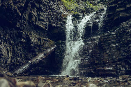 cloudy dark mystical jungle with a waterfall in the center of the rockの写真素材