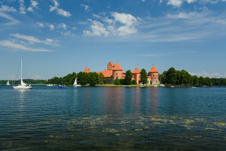 Trakai Island Castle Museum. Bridge to ancient architecture. Travel to Baltic country. Grand Duchy...