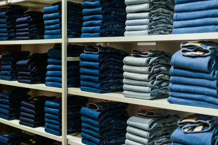assortment of denim cotton jeans on the shelves of Tommy Hilfiger store . moscow russia October 5, 2022のeditorial素材