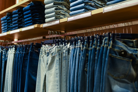assortment of denim cotton jeans on the shelves of Tommy Hilfiger store . moscow russia October 5, 2022のeditorial素材