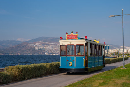 Retro Stalin tram. embankment of the Cordon. public tourist transport. Izmir, Turkey October 11, 2023のeditorial素材