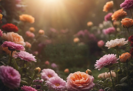 Cinematic wild flowers in the sunset light. bokeh.の素材