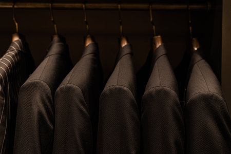 wardrobe with men's clothes in dark colors. jacket, down jacket, shirt. men's shirt earth tone color polite color for work or casual wear Orderly with wood hanger there are Separated by color make easy to pick upの写真素材