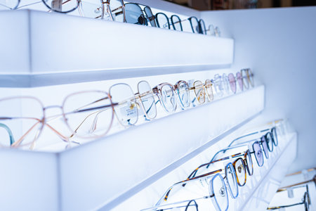 Image of glasses showcase at a modern optic shop, nobodyの写真素材