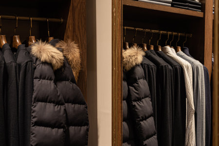 wardrobe with men's clothes in dark colors. jacket, down jacket, shirt. men's shirt earth tone color polite color for work or casual wear Orderly with wood hanger there are Separated by color make easy to pick upの写真素材