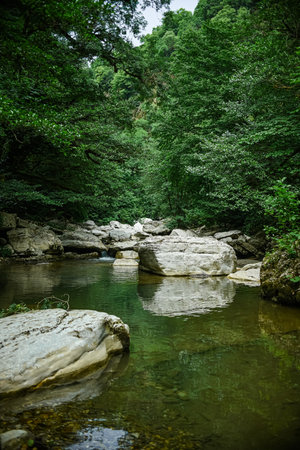 White Rock Canyon. winding gorge with clear blue water. The Khosta River flows along the cliffs Sochi. Beautiful wild tourist routeの写真素材