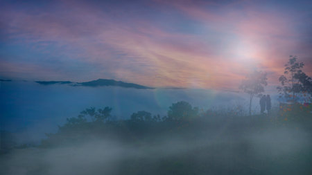 A serene early morning scene with two silhouetted figures standing among wildflowers, overlooking a mist-covered valley as the sky transitions from dawn to dayの写真素材