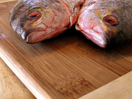 Close up shot of two red fishes on kitchen table