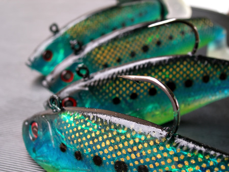 close up shot of fish lures with sharp hooksの写真素材