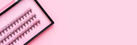 Fake eyelashes on trendy pastel pink background. Tools for eye lash extension. Banner. Beauty...