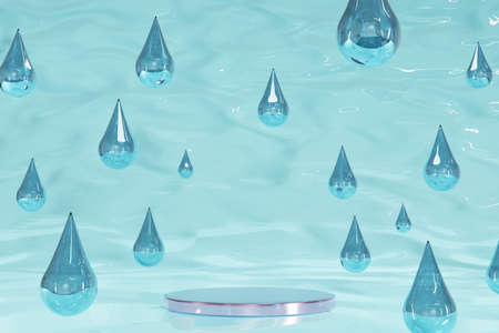 Round stage, pedestal, podium and glass drops on blue water background. Mock up for advertisement cosmetic products and beverages. Moisturize concept. 3d.の写真素材