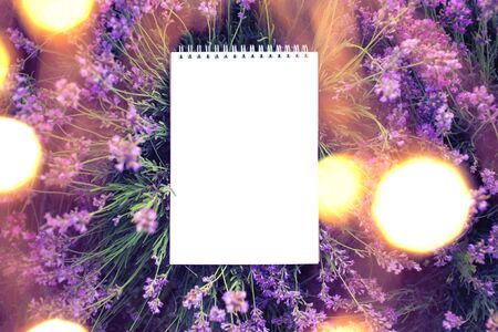Empty notepad on lavender background with golden bokeh circles.の写真素材