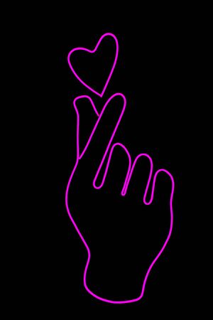 Glowing neon sign of a the fingers make a heart isolated on a black background. Korean style.の写真素材