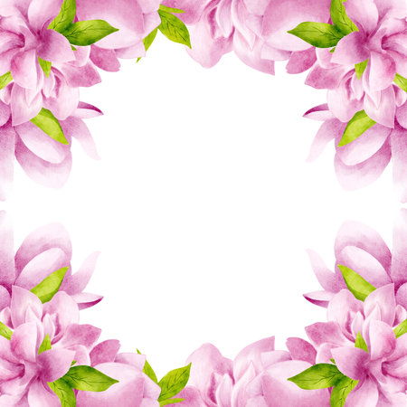 Frame of beautiful magnolias in pink color with leaves. Watercolor illustration. Square template, empty for text, isolated from the backgroundの写真素材
