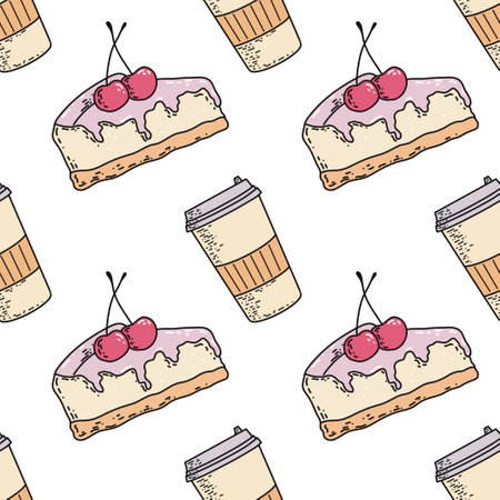 Seamless pattern in doodle style with cheesecake and coffee cupの写真素材
