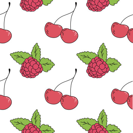 Raspberry and cherry seamless pattern in flat style for packaging design, clothes, fabricの写真素材