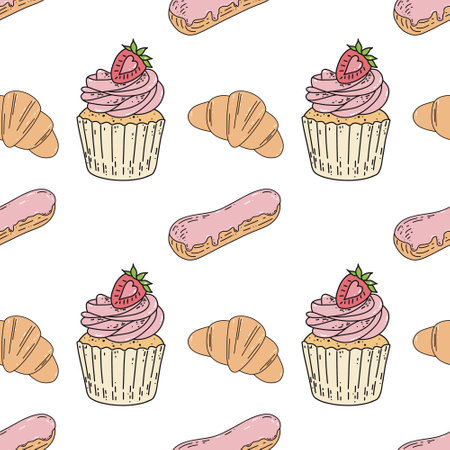 Cakes with cupcake, croissant, eclair seamless pattern on a white background.の写真素材